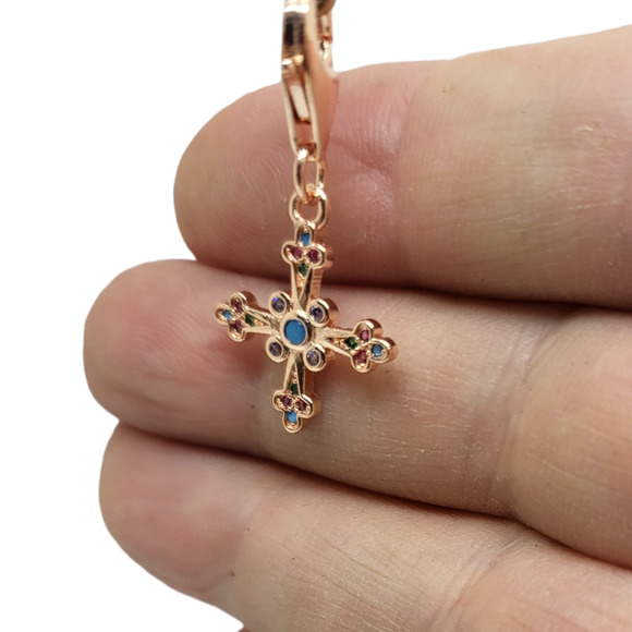 18KRG Plated Round Chalcedony Amethyst Ruby Emerald Celtic Cross Charm - Picture 2 of 6